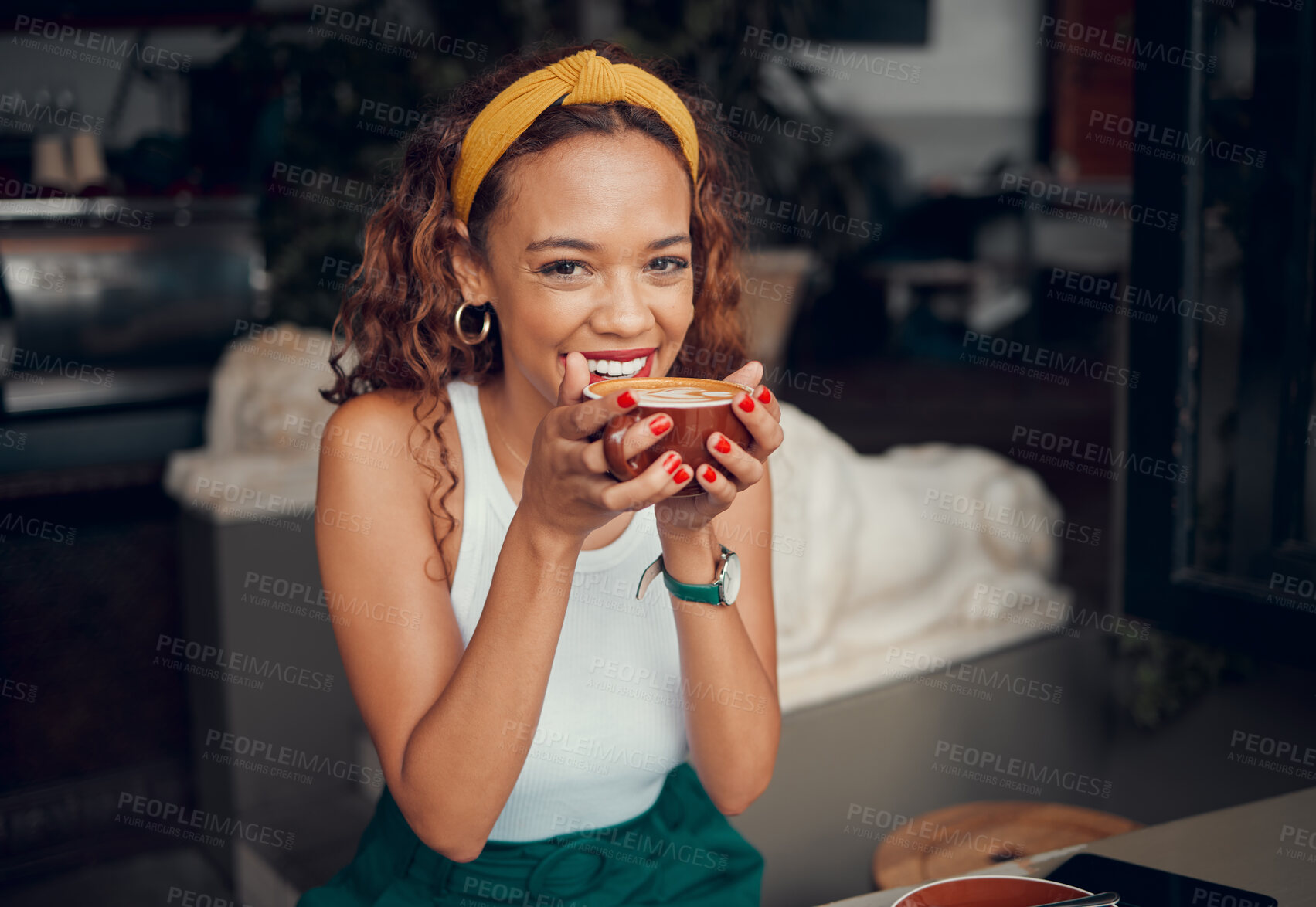 Buy stock photo Smile, happy and coffee shop young woman enjoying a cup of tea in a restaurant or cafe on her lunch break. Portrait of happy customer drinking her morning caffeine or cappuccino with happiness