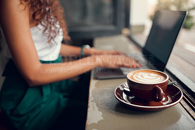 Buy stock photo Laptop, coffee and woman remote work typing proposal, for planning business and in cafe. Entrepreneur, female student and lady working on startup company, strategy and with hot beverage or latte.