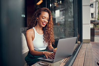 Buy stock photo Black woman, remote work on laptop and cafe 5g wifi network connection from coffee shop working on writing blog online. Professional digital freelancer, happy internet writer and typing with a smile 