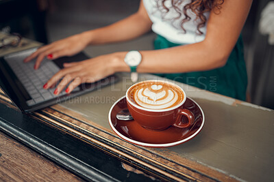 Buy stock photo Laptop, typing and a freelance woman with coffee in cafe, writing an email or doing internet research on blog. Freelancer, writer or author working on online project in coffee shop, hands on keyboard