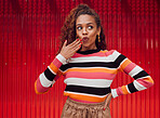 Happy, black woman and wow secret portrait with red studio wall background and fashionable style. Trendy fashion and african american makeup girl model with surprise and gossip smile mockup space