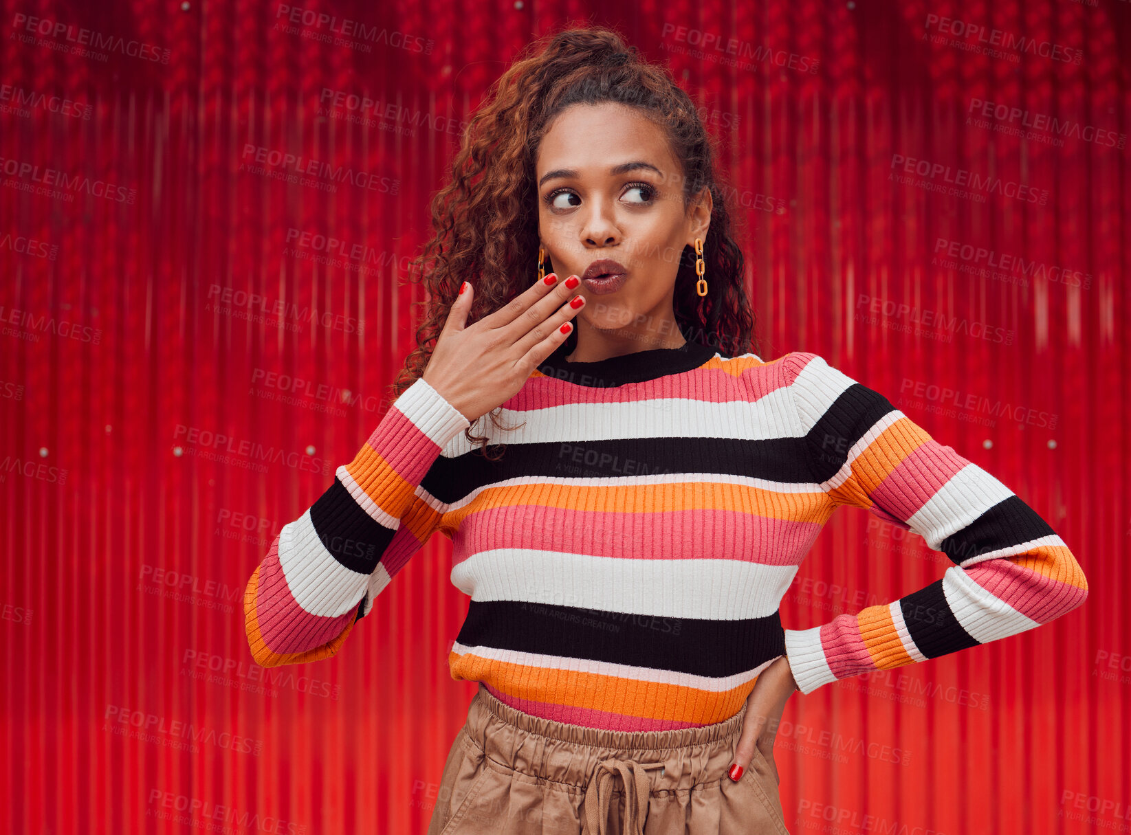 Buy stock photo Shocked, black woman and wow secret portrait with red studio wall background and fashionable style. Trendy fashion and african american makeup girl model with surprise and gossip smile mockup space