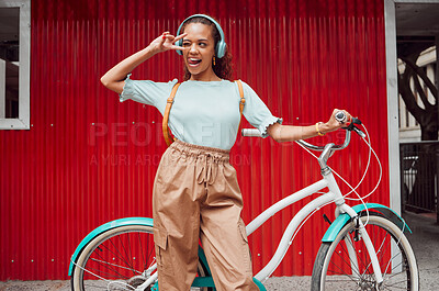 Buy stock photo Girl with bicycle in the city with peace hand sign on red background, listening to music. Summer, young and happy black woman with smile on face, bike and headphones in urban town for songs or radio