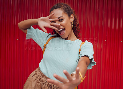 Buy stock photo Fashion, travel and happy black woman model feeling happy  and playful with style. Portrait of a person from New York with happiness and fun expression feeling young with a smile and hand gesture