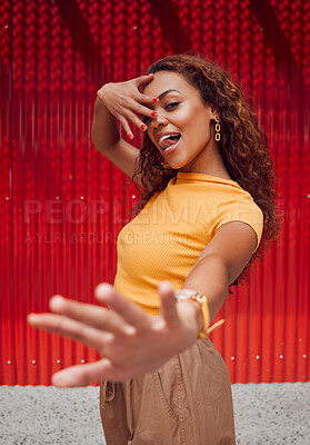 Buy stock photo Fashion, beauty and cosmetics with a model black woman posing for makeup, manicure or cosmetic product. Hands, nails and style with an attractive young female standing against a red background