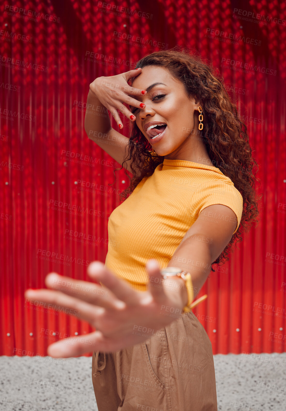 Buy stock photo Fashion, beauty and cosmetics with a model black woman posing for makeup, manicure or cosmetic product. Hands, nails and style with an attractive young female standing against a red background