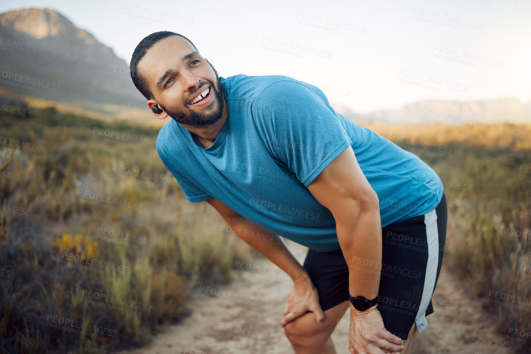 Buy stock photo A tired runner, man on nature run for fitness exercise and marathon training cardio health workout. Sports athlete working out, train for sport competition and rest after running on natural dirt road