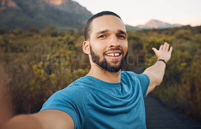 Buy stock photo Fitness, running and man taking a selfie on mountain during outdoor run. Young runner on hike, workout and exercise in nature takes picture of scenic view. Hiking, travel and adventure in Australia