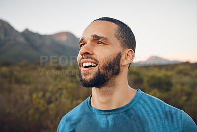 Buy stock photo Happy man, sweating and motivation in nature fitness, training and workout in environment, countryside park or landscape. Sports runner, marathon personal trainer and exercise health mindset or goals