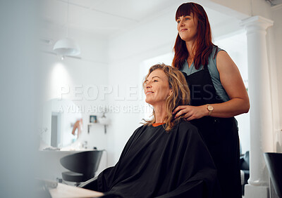Buy stock photo Hairdresser, beauty and senior happy customer at a salon for a makeover, lifestyle change in New York. Luxury, woman and mature client excited with hairstyle grooming, wellness and care treatment