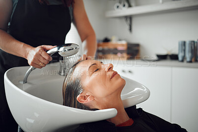 Buy stock photo Hair salon, shampoo and customer woman for professional care, hairdresser service in startup shop, Beauty process, water cleaning and client hair care treatment for hairstylist small business career