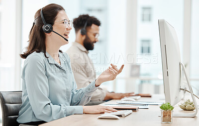 Buy stock photo Call center, contact us and woman, phone call in business for customer service or telemarketing. Desk with computer, consulting with customer, consultant or agent, communication and support.