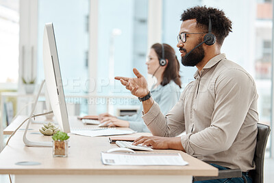 Buy stock photo Black man, customer support service office and working for online call center internet telemarketing business. Crm consultant at desk, helping client and consulting computer software for advice