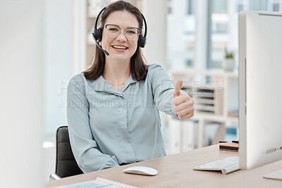 Buy stock photo Sales woman, thumbs up success and telemarketing call center, happy customer service and yes review of agent in office. Portrait of smile crm consultant, winning business trading and consulting agree