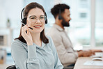 Sales woman, call center and portrait of customer service, consulting and advice for contact us, support help and office advisor. Happy telemarketing consultant, smile employee and crm communication