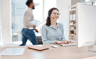 Buy stock photo Call center, contact and computer with business woman for customer support, telemarketing and communication. Consulting, sales and internet with employee working in office for help desk, kpi and crm