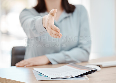 Buy stock photo Business interview handshake, HR hiring process and CV or candidate resume hand for office employee promotion meeting. Human resources recruitment, welcome new company staff and greeting future