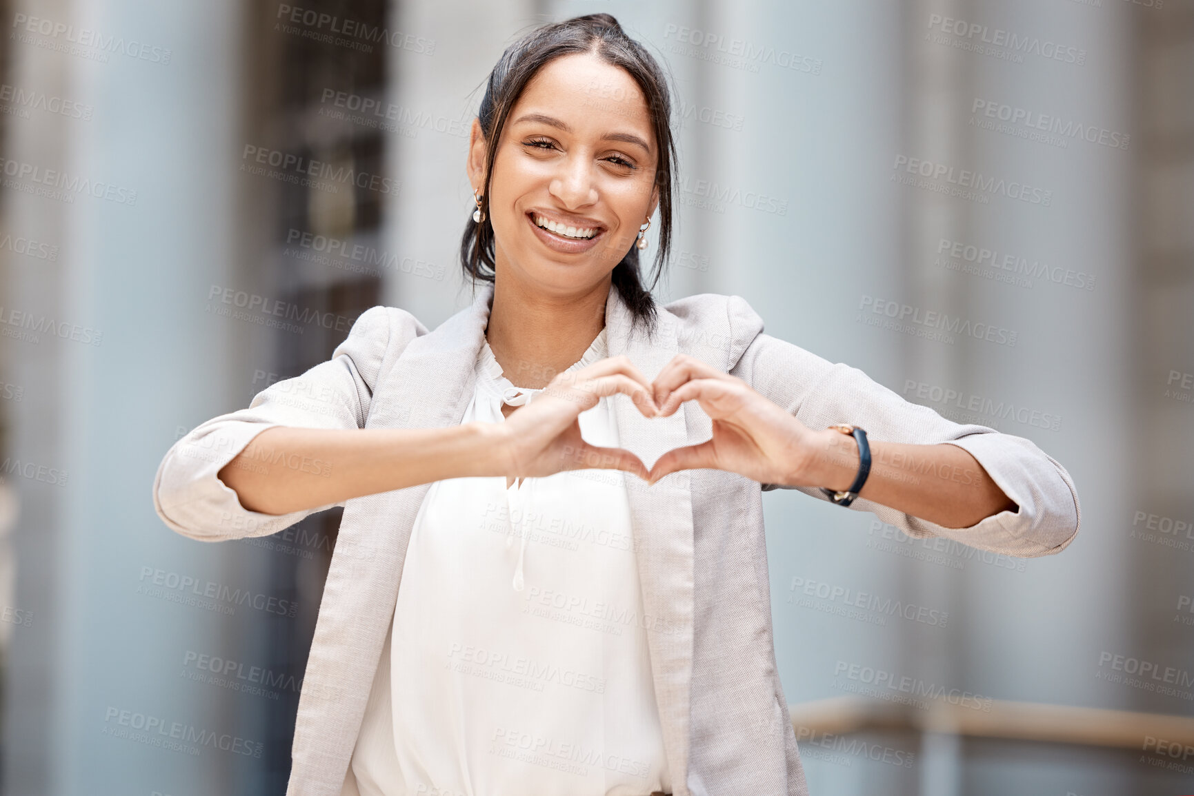 Buy stock photo Heart, hands sign and city girl with love emoji icon, gesture or symbol for happiness or self care. Portrait smile of black woman or happy business person on wellness walk travel in urban city street