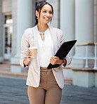 Thinking, coffee and business woman walking on a city street with smile, success mindset and motivation for company idea. Female happy with career vision, travel opportunity or job in New York