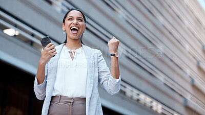 Buy stock photo Phone, success celebration and woman in city after winning, deal or receiving startup funding. Wow, winner and Indian female excited, victory or celebrating financial goals, mission or sales targets.