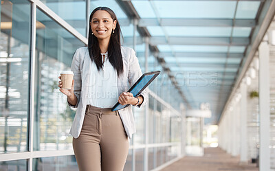 Buy stock photo Walking, smile and business woman with coffee and a folder for work in the city of Germany in the morning. Happy, young and corporate employee with vision, motivation and tea for professional career