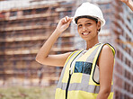 Building, construction and architect portrait of woman on construction site. Engineer, architecture and construction worker in safety gear to check building site. Black woman contractor happy at work