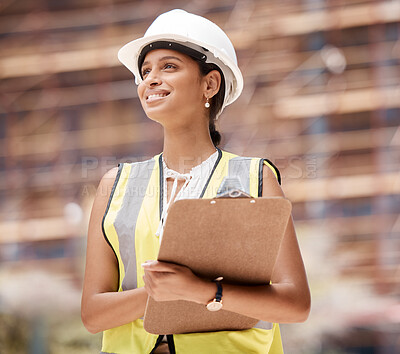 Buy stock photo Logistics, shipping and business woman check containers for import, export and supply chain for global trade. Hard hat, female and use clipboard for inventory, cargo and inspection writing notes.