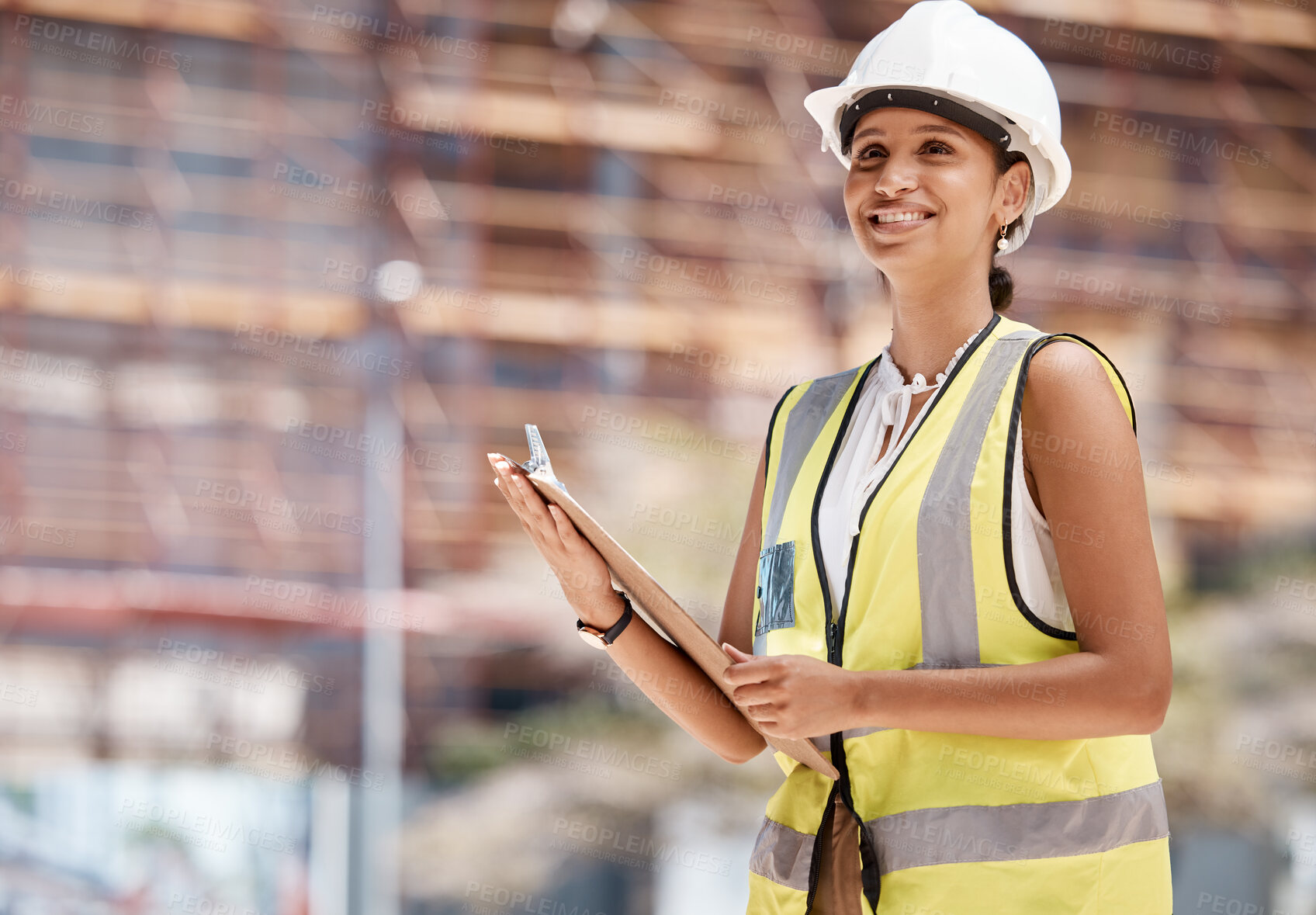 Buy stock photo Black woman, engineer and building safety manager with quality compliance checklist. Happy architecture employee smiling female contractor and lead building construction worker at inspection site