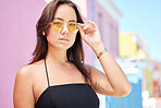 Face, fashion sunglasses and portrait of woman, cool and trendy style outdoors. Beauty, gen z and elegant female model from Canada in retro, funky or vintage eyewear with serious facial expression.