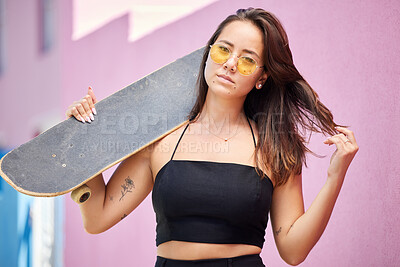 Buy stock photo Portrait of woman, sunglasses and skateboard retro look in urban city on street style adventure. Young asian trendy skater girl, gen z or millennial lifestyle and fun modern edgy fashion outdoors 
