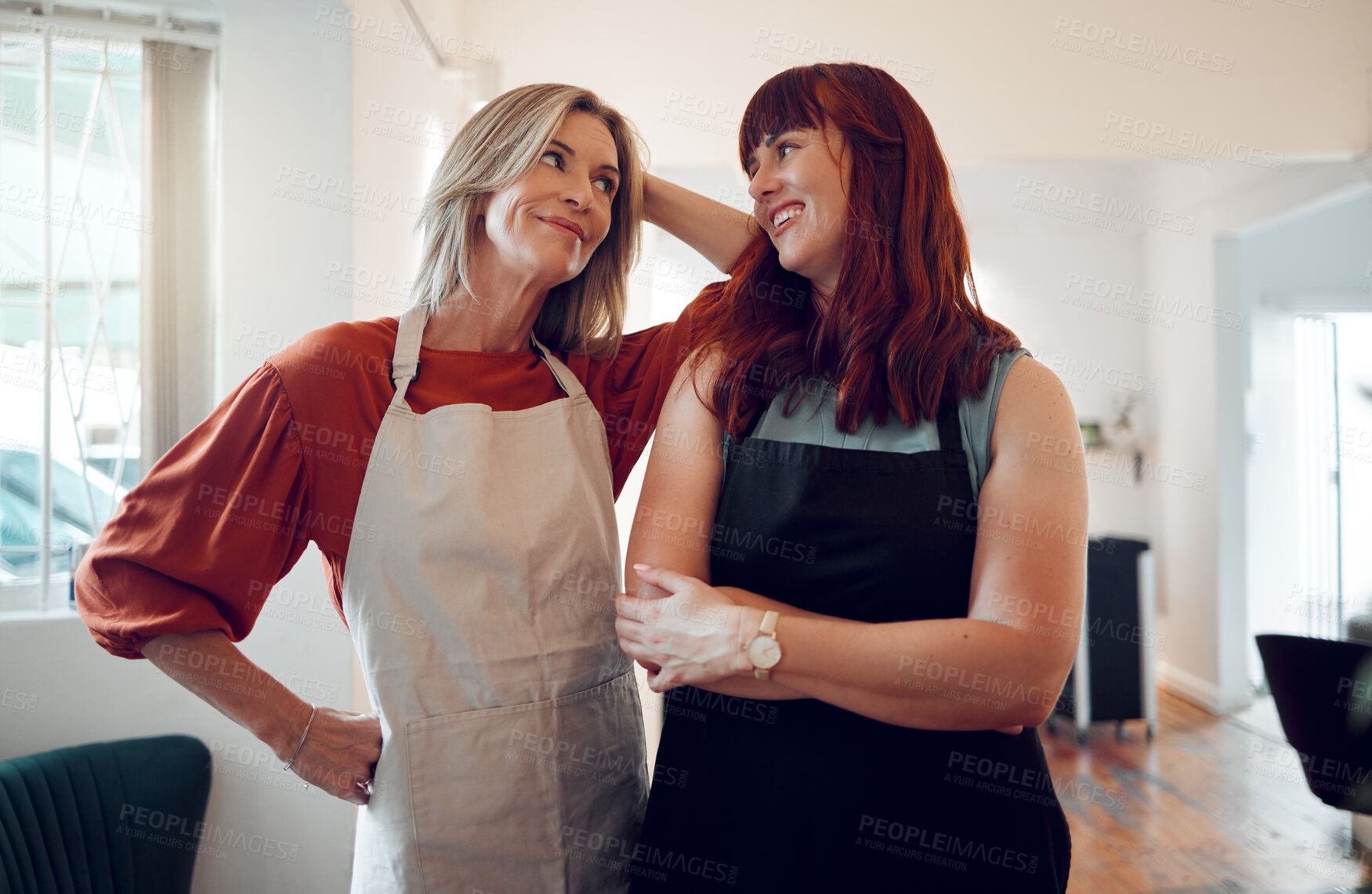 Buy stock photo Small business, women in salon and success in hair salon startup partnership. Growth, development and vision, hairdresser business owner partners or friends working together in hair care team in shop