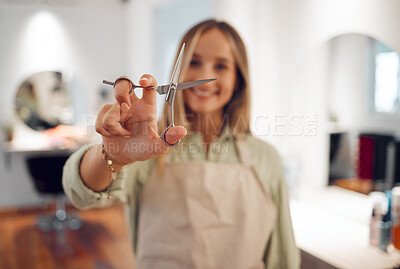 Buy stock photo Hand, scissors and haircut with a woman hairdresser ready to cut or style hair during a hairdressing appointment. Salon, beauty and haircare with a female at work in a salon for fashion or style