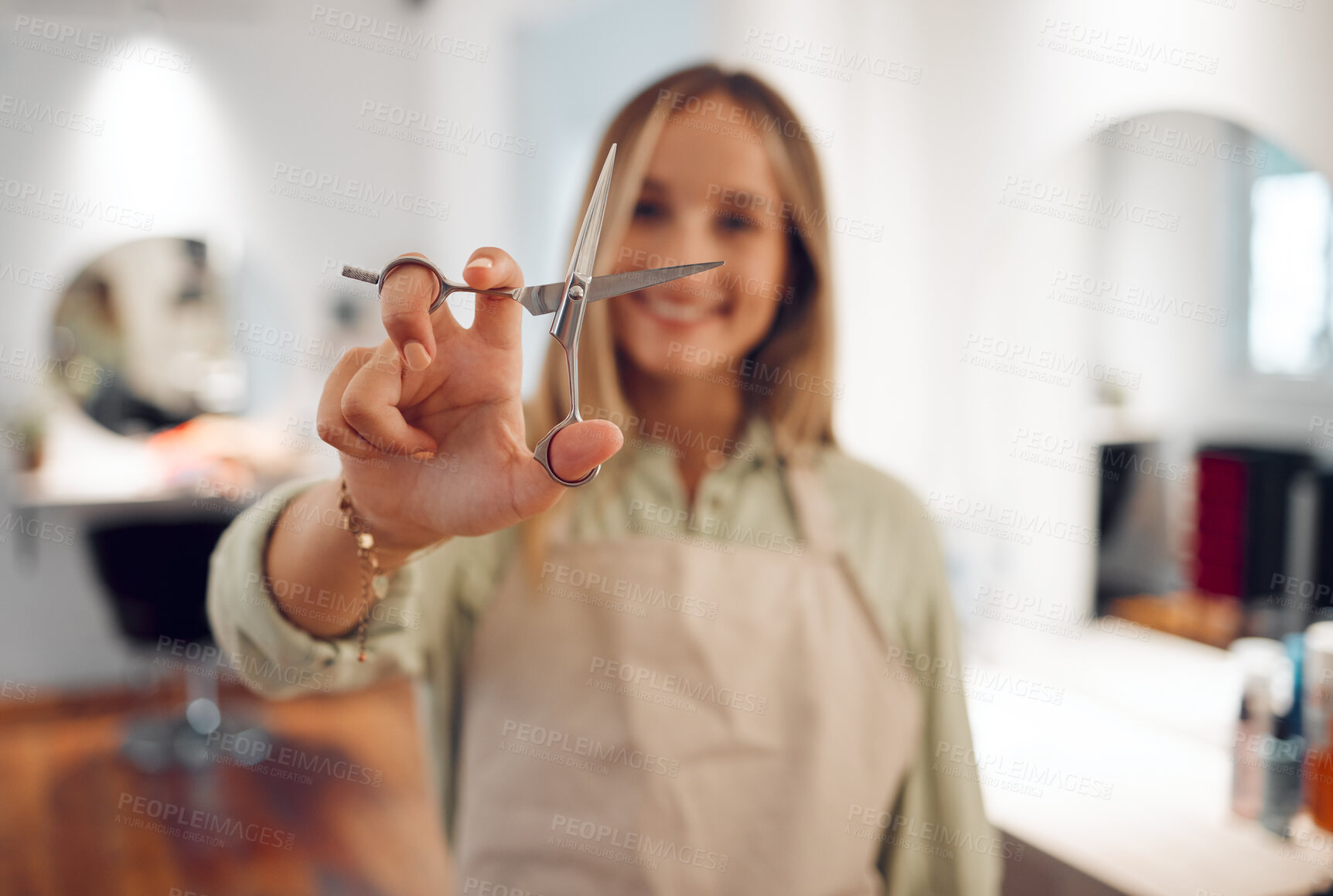 Buy stock photo Hand, scissors and haircut with a woman hairdresser ready to cut or style hair during a hairdressing appointment. Salon, beauty and haircare with a female at work in a salon for fashion or style