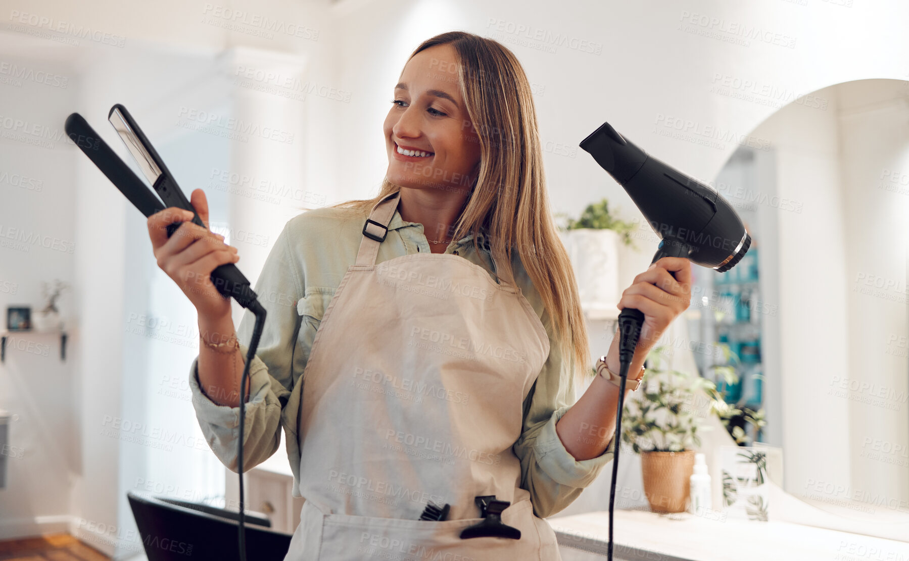 Buy stock photo Woman, hairdresser and smile with hair tools for success in remote small business in salon. Happy female freelancer or professional hairstylist in shop smiling for career, dream and ambition at work