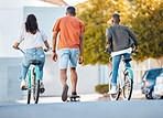 Bicycle, skateboard or freedom ride for friends on relax travel adventure for fun, street journey or health fitness. Bike cycling, road skateboarding or people on outdoor cardio, wellness or exercise