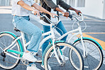 Black man, woman and city travel bike for eco friendly, carbon footprint and future environment energy transport. Fashion students, friends and cool people or interracial couple in New York bicycles