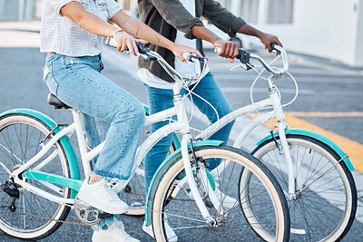 Buy stock photo Black man, woman and city travel bike for eco friendly, carbon footprint and future environment energy transport. Fashion students, friends and cool people or interracial couple in New York bicycles