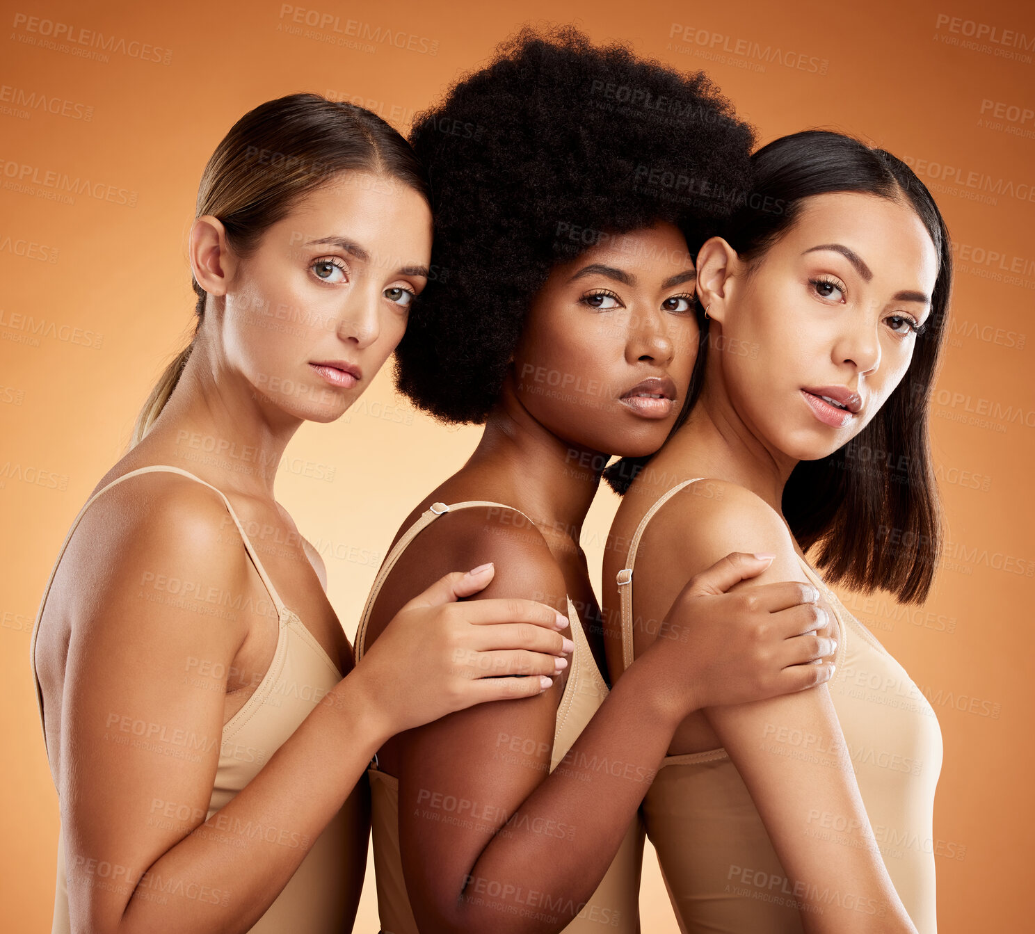 Buy stock photo Diversity, women and natural beauty skincare and wellness cosmetics. Proud, confident and healthy girls portrait together, morning facial and body care routine in studio with brown background. 