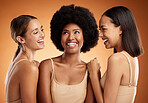 Happy, makeup and women smile with skincare for face against a brown mockup studio background. Group of diversity model friends with natural orchid plants for spring, beauty and cosmetics for calm