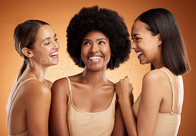 Buy stock photo Happy, makeup and women group smile with skincare for face against a mockup studio background. Group of diversity model friends with natural, beauty and cosmetics with cosmetic model happy and smile