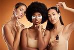 Beauty, diversity and makeup with model woman friends in studio on a brown background for skincare or wellness. Cosmetics, together and inclusion with a female group posing for health or care