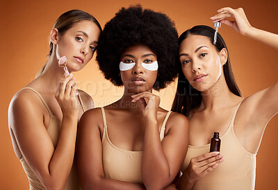 Buy stock photo Beauty, diversity and skincare with model woman friends in studio on a brown background for cosmetics or wellness. Skin care, together and inclusion with a female group posing for health or beauty