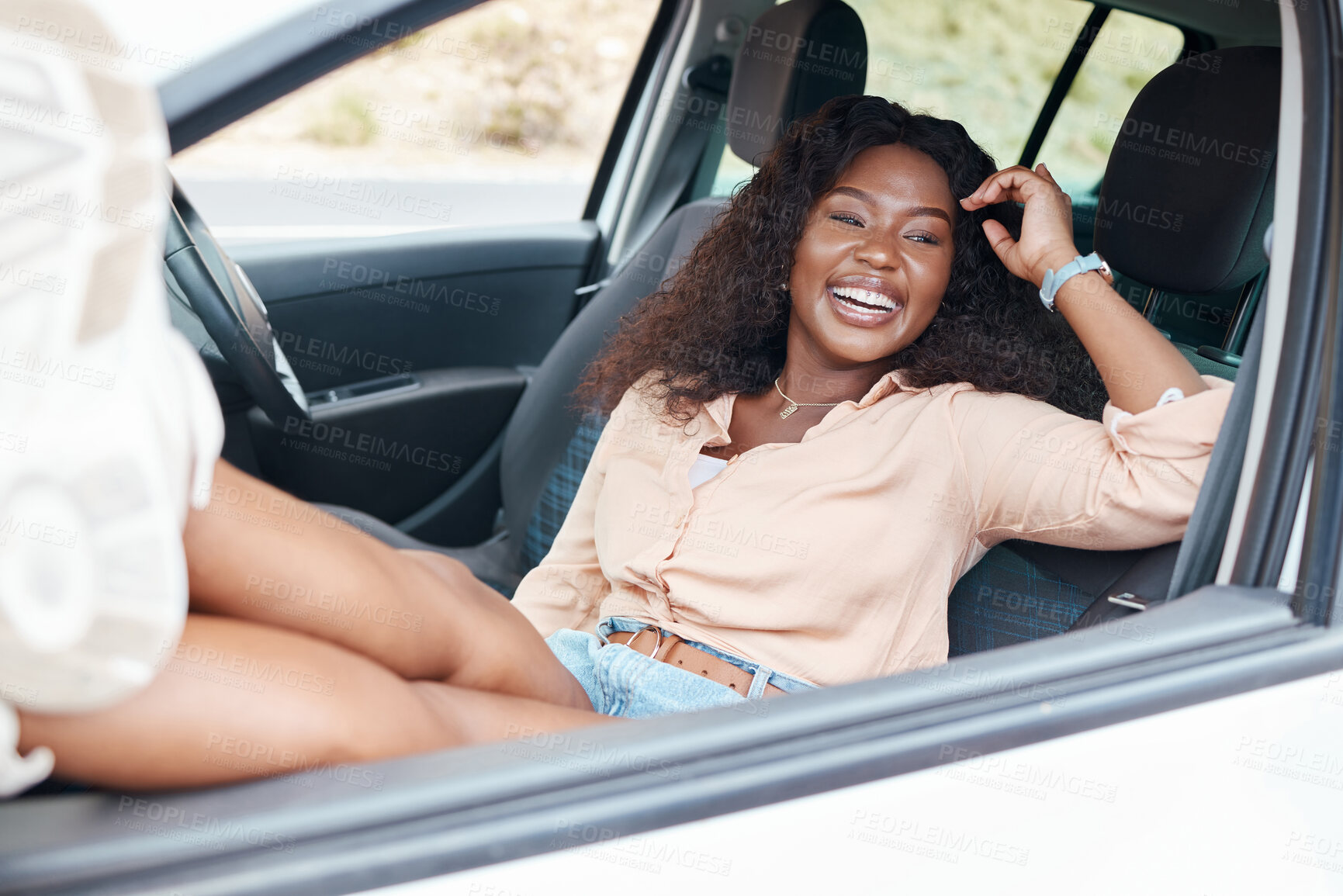 Buy stock photo Black woman, car and feet out window on drive, roadtrip or vacation, summer holiday or trip. Travel, relax and smile of happy young female from South Africa on solo driving journey or adventure alone