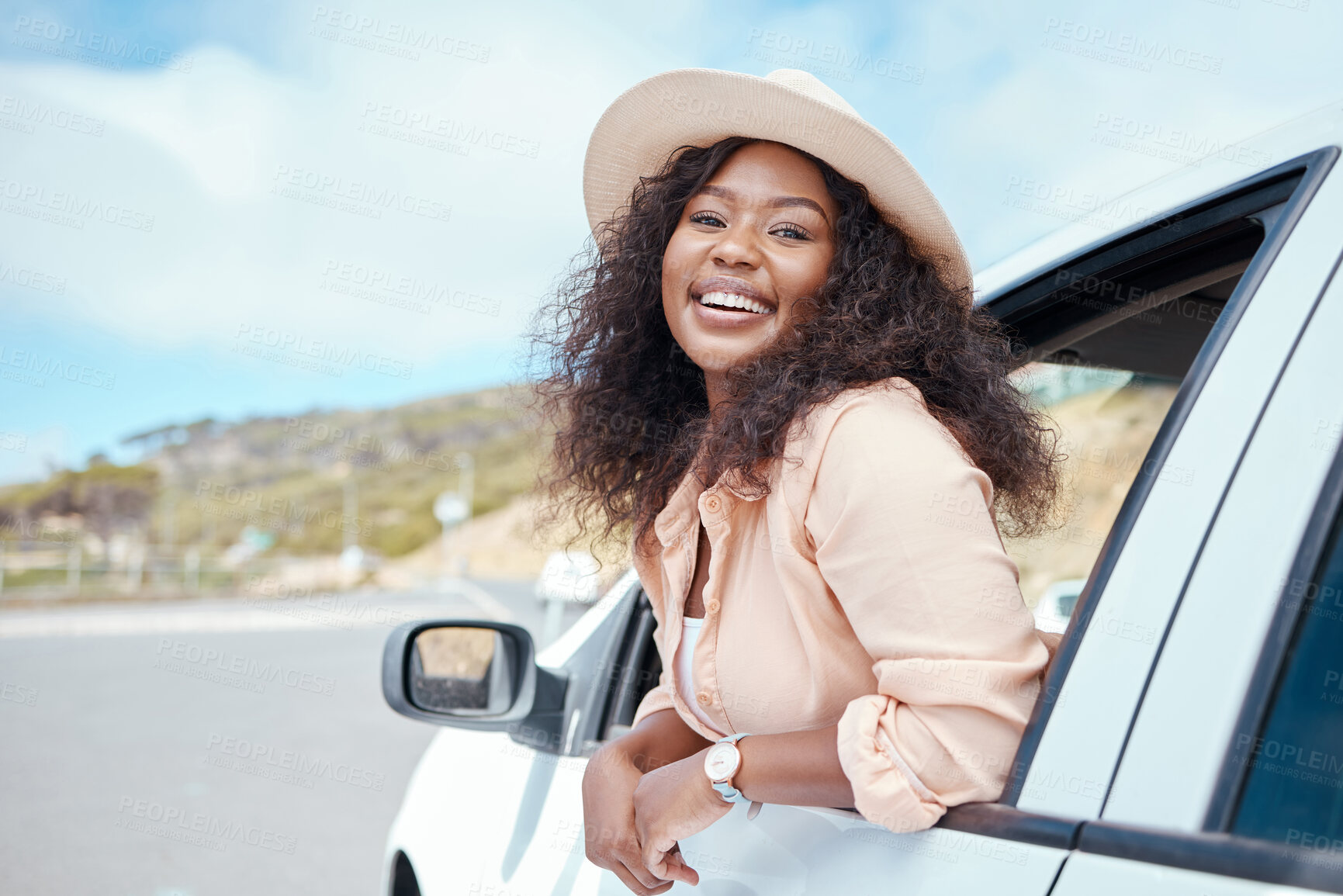 Buy stock photo Road trip travel, black woman and car window freedom to relax in summer, vacation and outdoor adventure in South Africa countryside. Portrait happy young african female, driving journey and transport