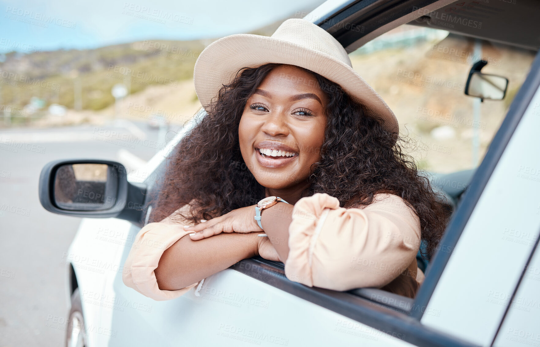 Buy stock photo Car, window and road trip portrait of black woman relax on Australia countryside journey for holiday vacation or outdoor adventure. Street transportation freedom, travel SUV van or happy face of girl