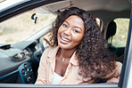 Black woman, car owner and happy with smile for successful purchase, travel and being relax, proud and confident. African American female, girl and lady  in new vehicle, road trip and transportation.