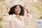 Happy black woman on holiday, spring portrait on outdoor adventure and weekend lifestyle in Los Angeles. Summer fashion sun hat, young african girl on urban vacation and happiness in natural park
