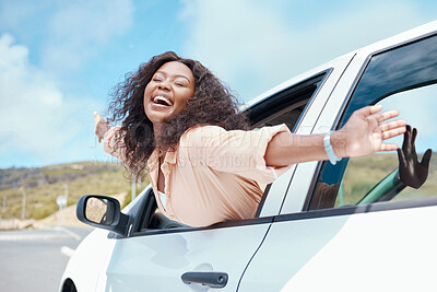 Buy stock photo Freedom, travel and black woman in window of car for summer, relax and happy in road of countryside adventure. Journey, holiday and transportation with girl passenger on outdoor vacation road trip