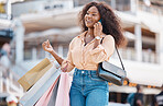 Shopping, fashion bag and phone call for black woman on 5g communication about retail spree or sales discount. Shopping mall product, boutique fabric clothes and happy customer with designer gift