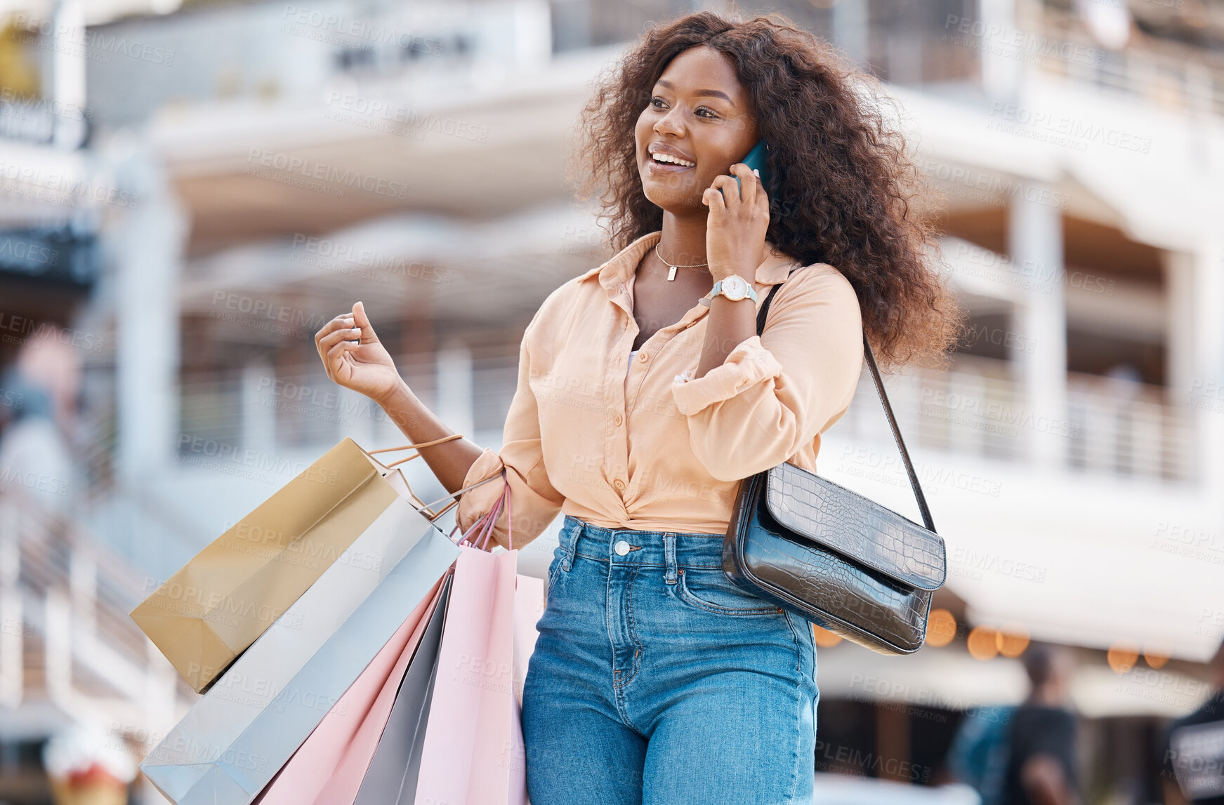 Buy stock photo Shopping, fashion bag and phone call for black woman on 5g communication about retail spree or sales discount. Shopping mall product, boutique fabric clothes and happy customer with designer gift